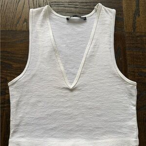 Zara White Ribbed V-Neck Top - M